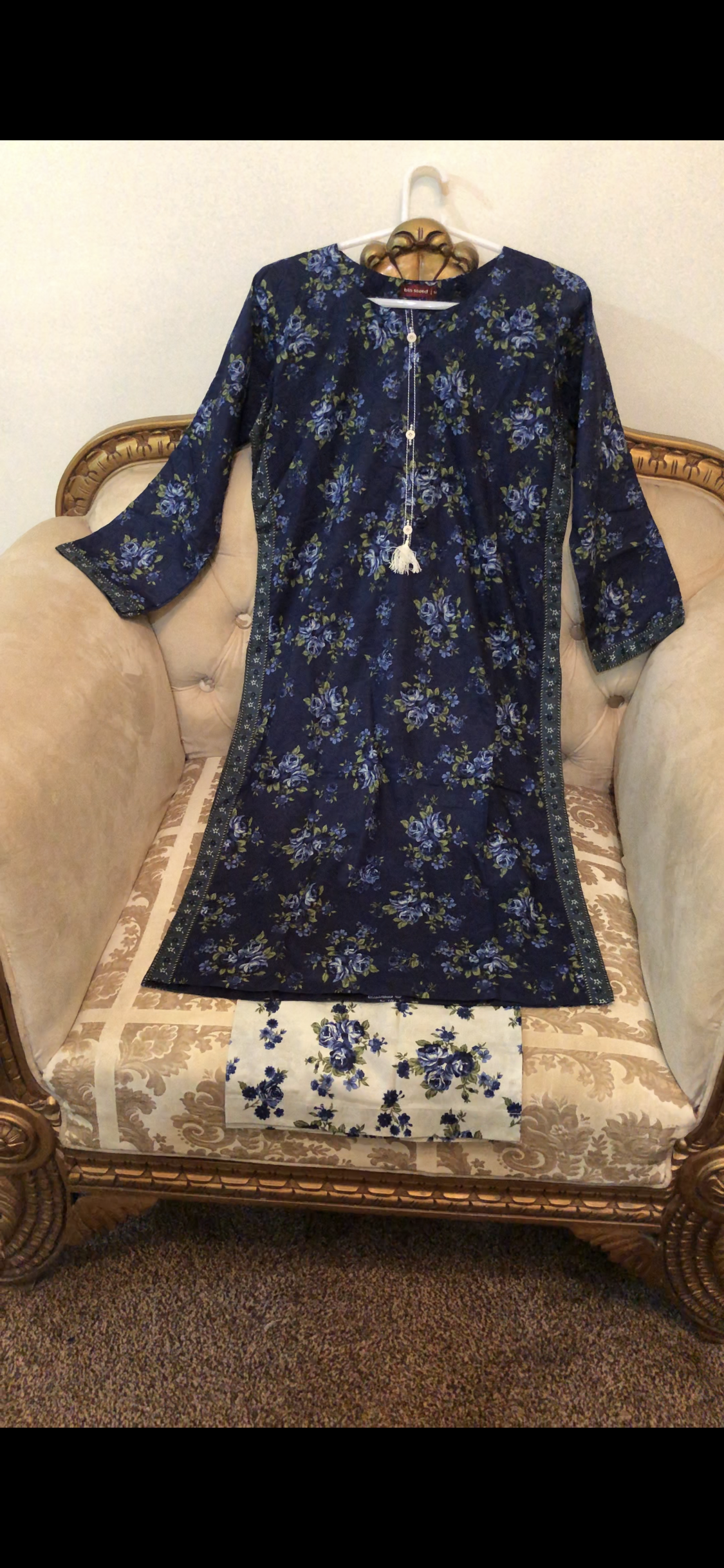 Navy Blue Floral Printed Suit Stitched 2pc 