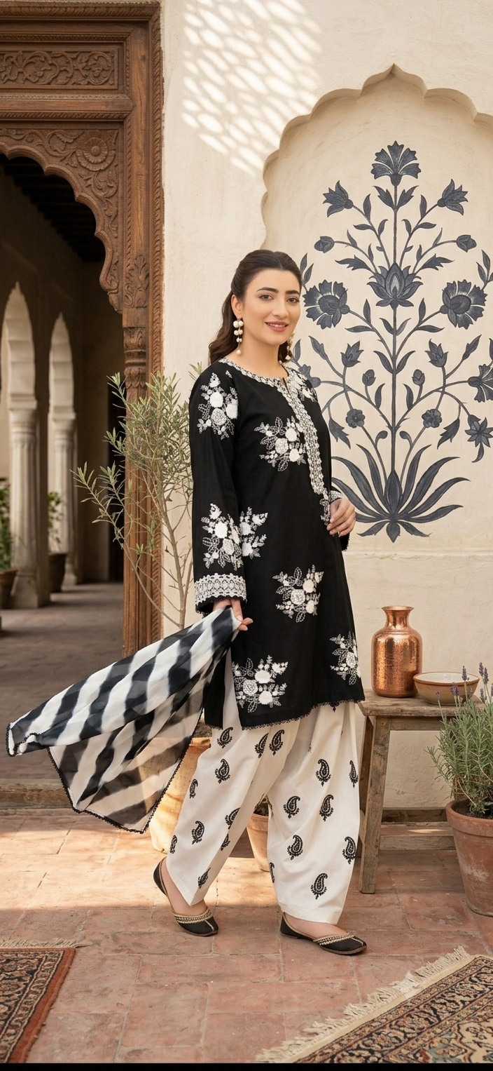 Black & White Embroidered Suit 2pc