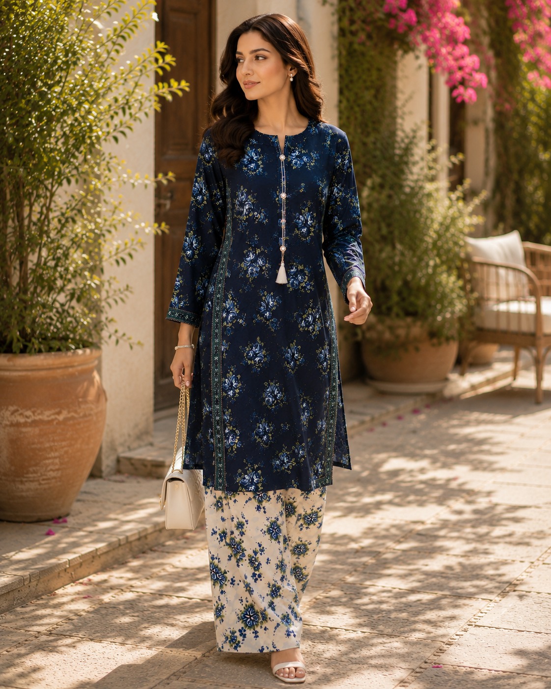 Navy Blue Floral Printed Suit Stitched 2pc 
