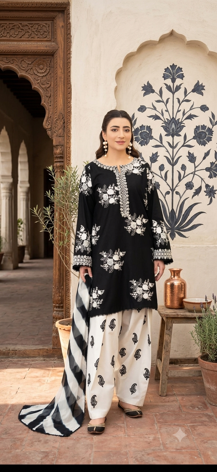 Black & White Embroidered Suit 2pc