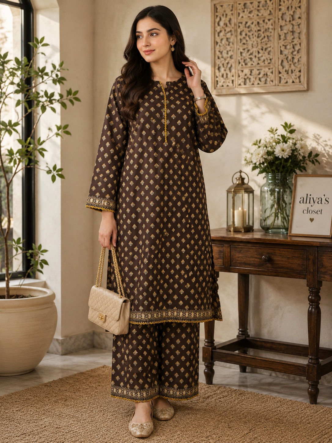 Brown Printed Stitched 2pc 