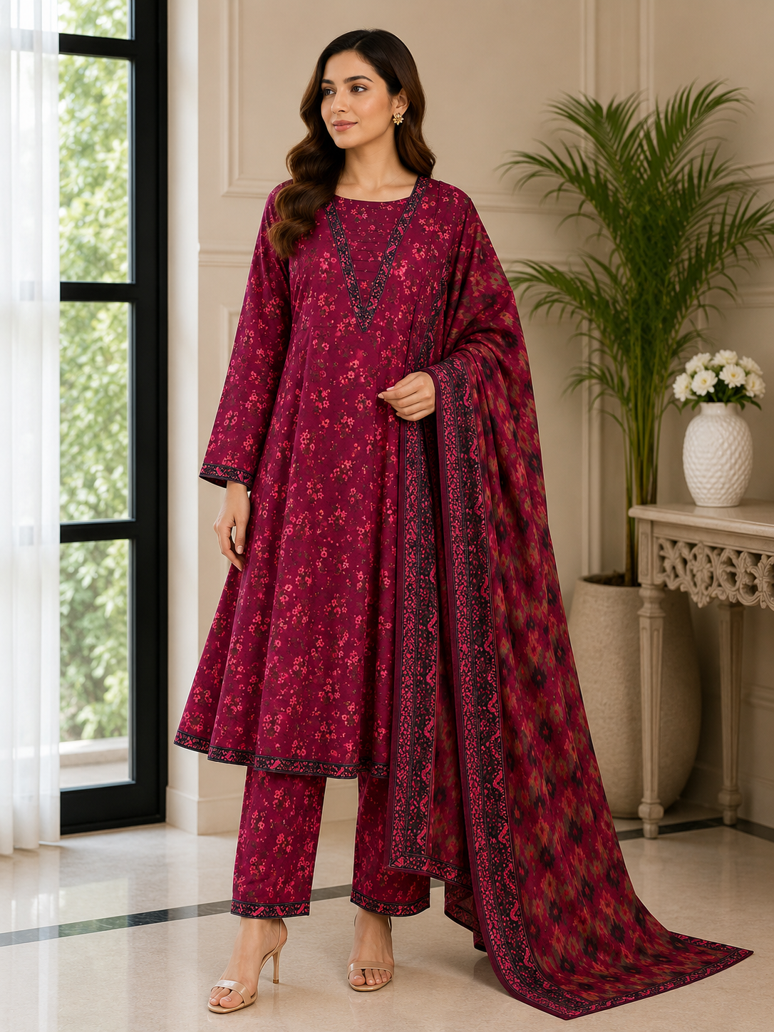 Crimson Floral 3-Piece A-line Suit