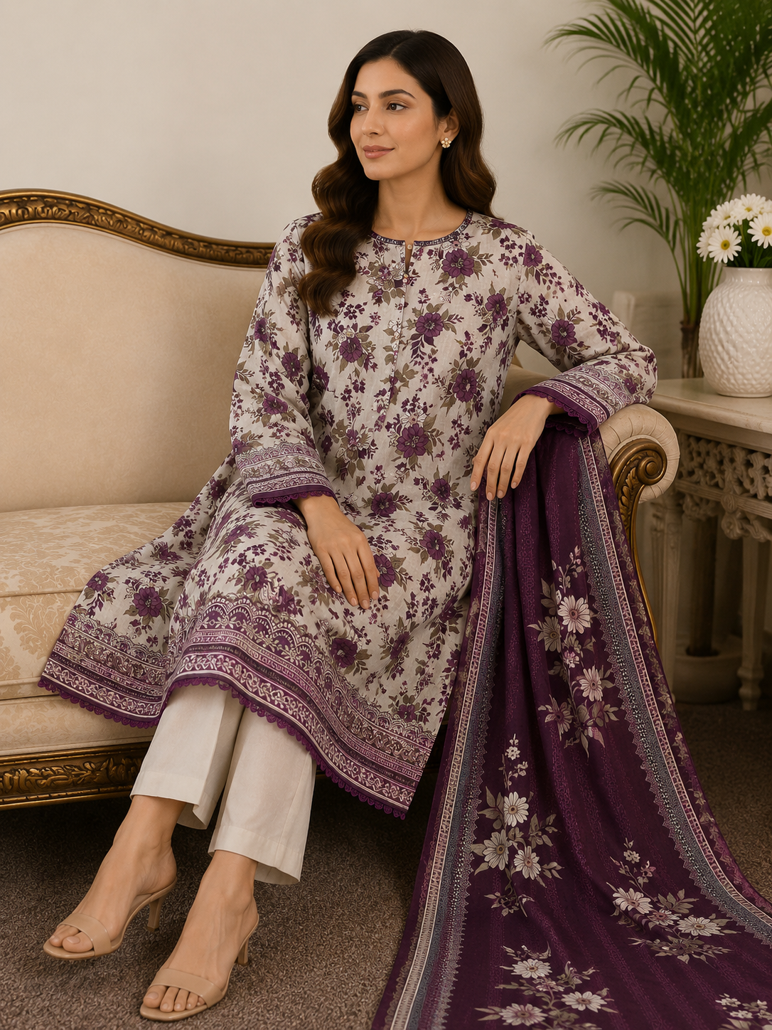 Floral Printed 3-Piece Lawn Suit