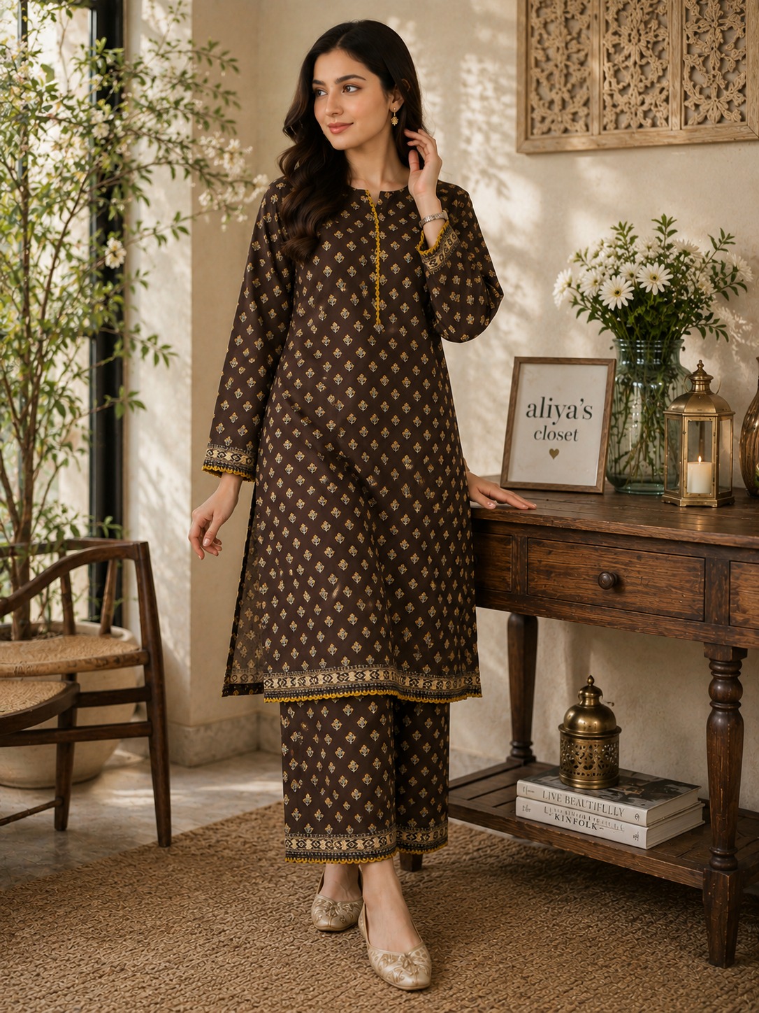 Brown Printed Stitched 2pc 