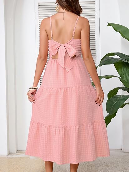 Fashionme Women's Summer Spaghetti Strap Maxi Dress 2026 Tie Backless Flowy Boho Vacation Party Beach Long Tiered Dresses 
