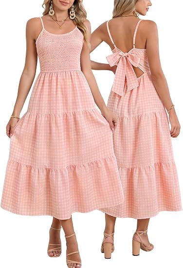 Fashionme Women's Summer Spaghetti Strap Maxi Dress 2026 Tie Backless Flowy Boho Vacation Party Beach Long Tiered Dresses 