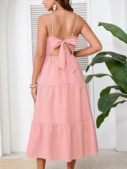 Fashionme Women's Summer Spaghetti Strap Maxi Dress 2026 Tie Backless Flowy Boho Vacation Party Beach Long Tiered Dresses 