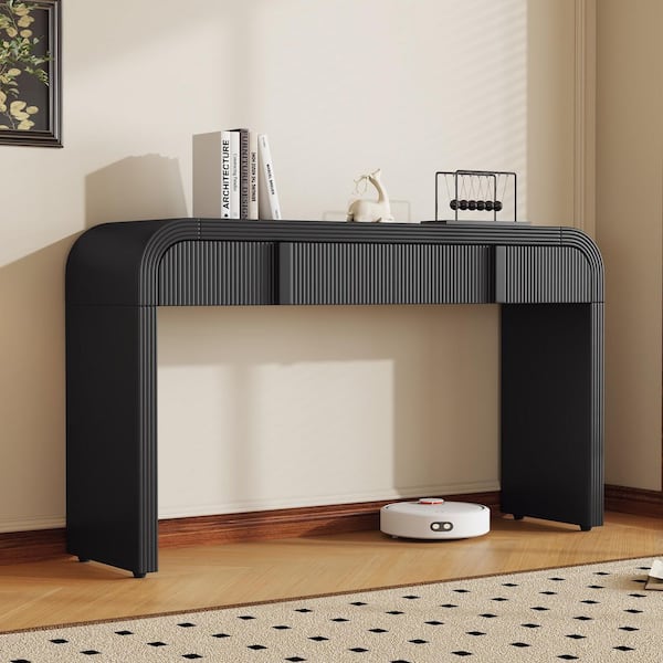 Seafuloy 55 in. Black Rectangle MDF Modern Fluted Console Table with 2-Drawers, Rounded Entryway Table