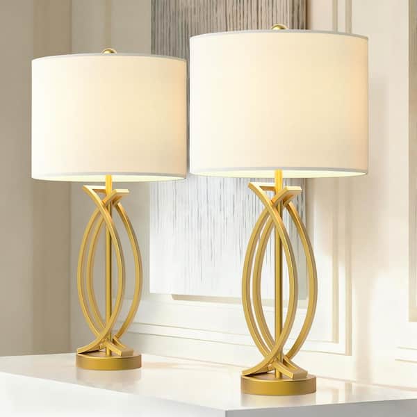 Maxax 26 in. Gold Modern Dimmable Metal Bedroom Living Room Bedside Desk Nightstand Table Lamps With White Shade (Set of 2)