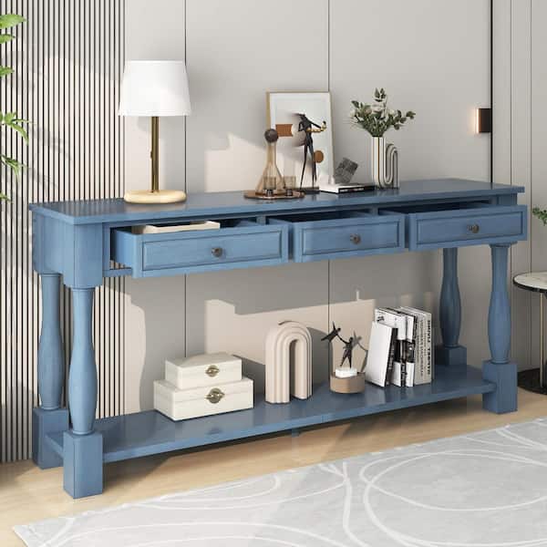 Harper & Bright Designs 63 in. Navy Blue Rectangle Wood Top Console Table with 3-Drawers and Bottom Shelf
