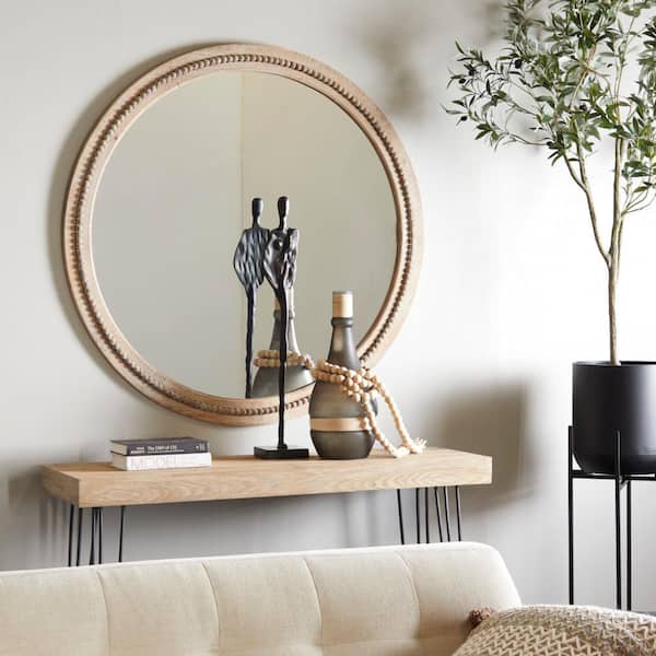 Litton Lane 44 in. x 44 in. Distressed Round Framed Brown Wall Mirror with Beaded Detailing