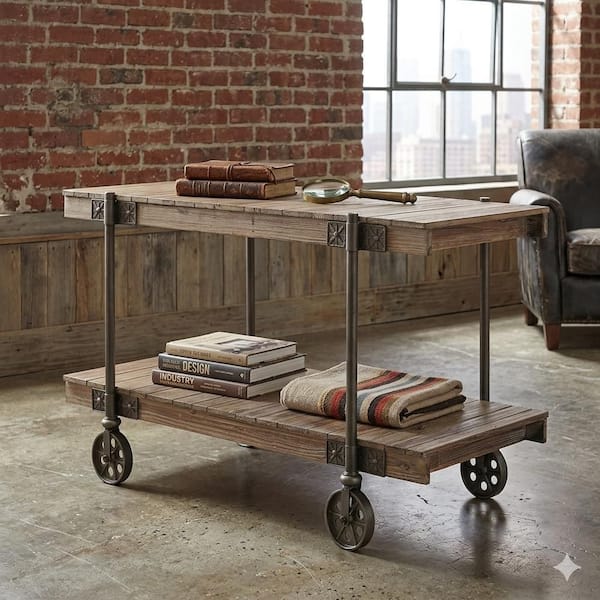 Benjara 17.75 in. Black and Brown Rectangle Wooden Console Table with Plank Design, 1 Shelf and Wheels