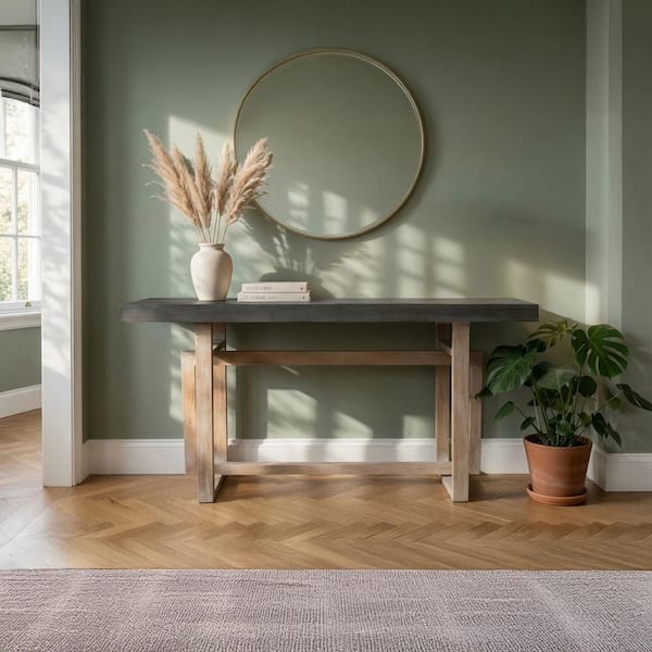 THE URBAN PORT 59.4 in. Rustic Light Brown Rectangle Mango Wood Artisan Crafted Console Table with Geometric Interlocked Base