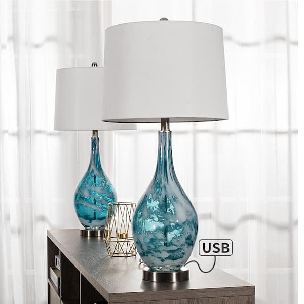 Maxax Denver 28 in. Blue Coastal Dimmable Glass Bedroom Living Room Bedside Desk Table Lamps USB Port (Set of 2)