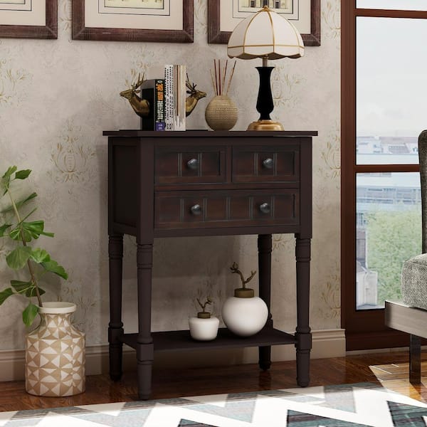 Harper & Bright Designs 24 in. Espresso Standard Rectangle Wood Console Table with 3-Drawers