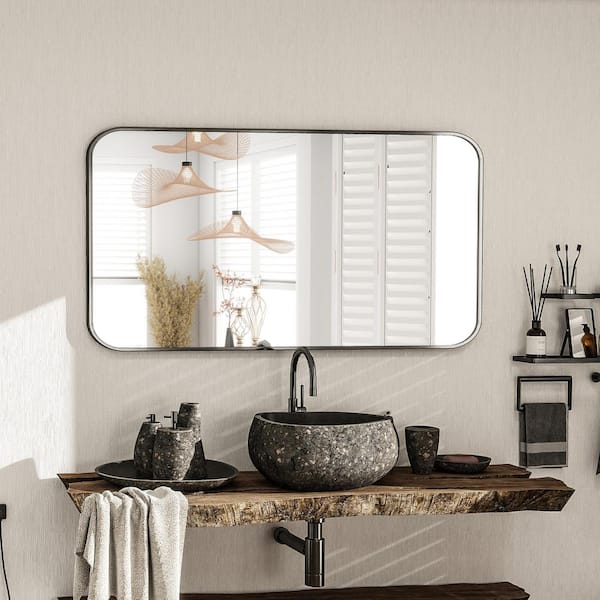 XRAMFY Black 30 in. W x 60 in. H Rectangular Rounded Aluminum Alloy Framed Bathroom Mirror Wall Mirror