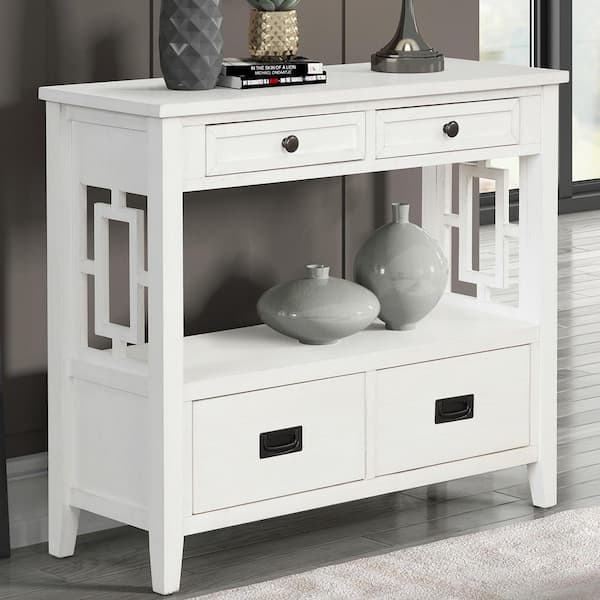 IDEAGLE 36 in. White Rectangle Solid Wood Console Table Sofa Table with 4-Drawers and 1-Storage Shelf