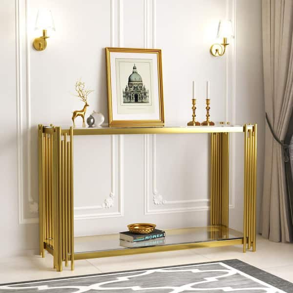 Seafuloy 47 in. Gold Clear Rectangle Glass Console Table with Stainless Steel Frame, 2-Tier Hallway Table for Living Room