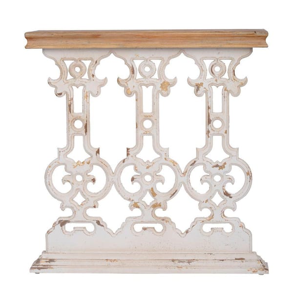 Benjara 32 in. Brown and White Rectangle Wood Top Console Table with Scrollwork