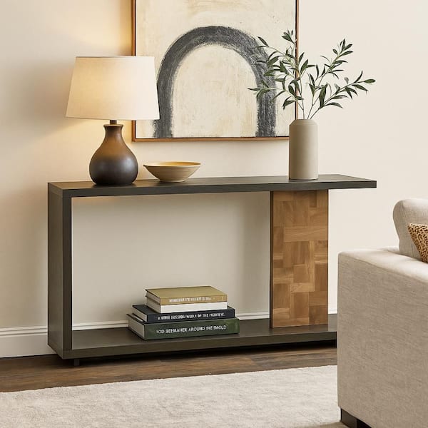 Benjara Modern 15.88 in. Black and Brown Rectangle C-Shape Wood Console Table with Shelf