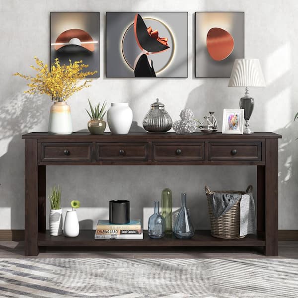 Harper & Bright Designs 64.2 in. Espresso Standard Rectangle Wood Console Table with 4-Storage Drawers and Bottom Shelf