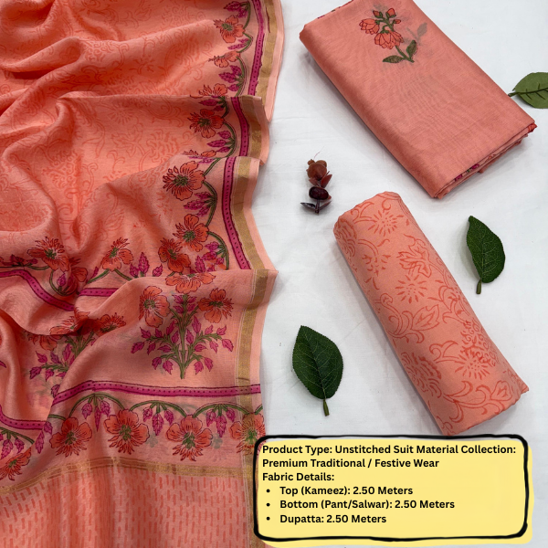Peach Floral Unstitched Suit Set