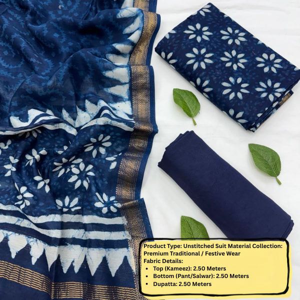 Indigo Floral Unstitched Suit Set