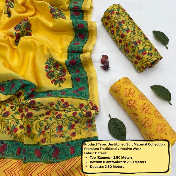 Yellow Floral Unstitched Suit Set