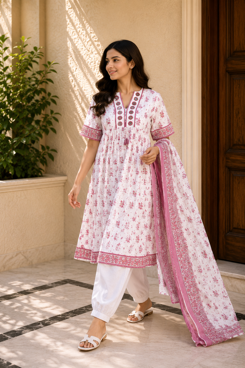 White & Pink Floral Printed Anarkali Suit Set with Dupatta