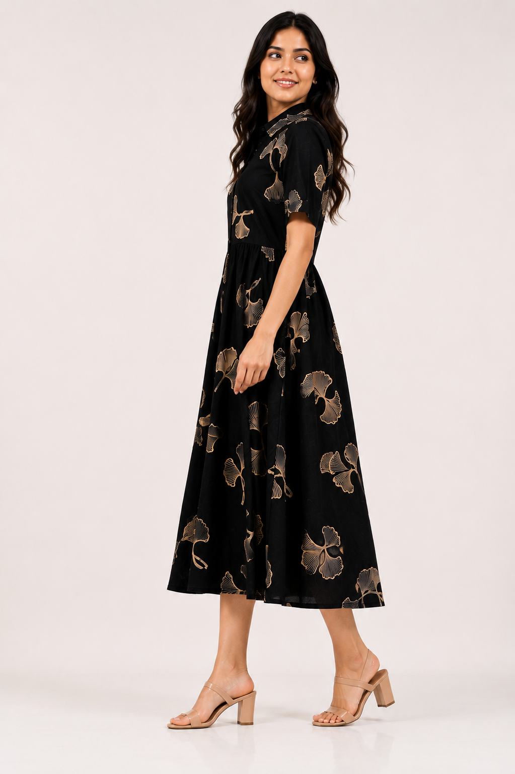 Women's Black  Botenical Print Shirt Midi Dress With Belt