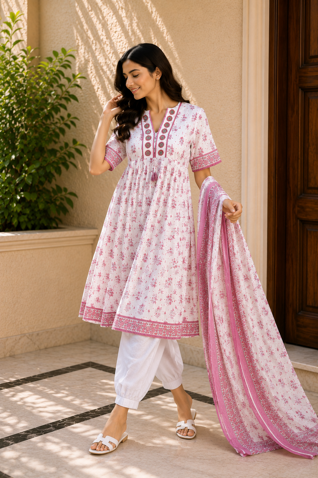 White & Pink Floral Printed Anarkali Suit Set with Dupatta