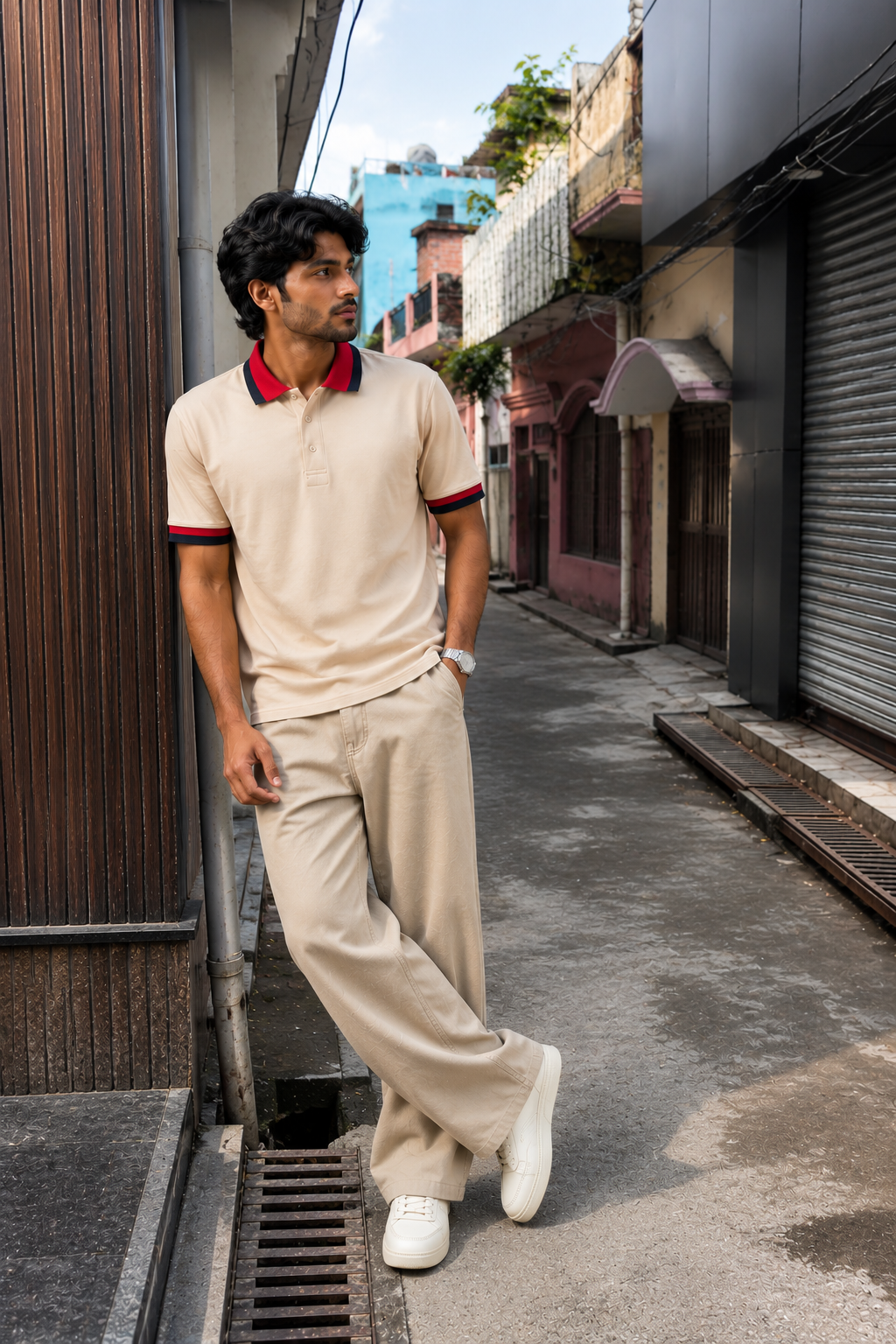 Men's Premium Off-White Contrast Collar  T-Shirt