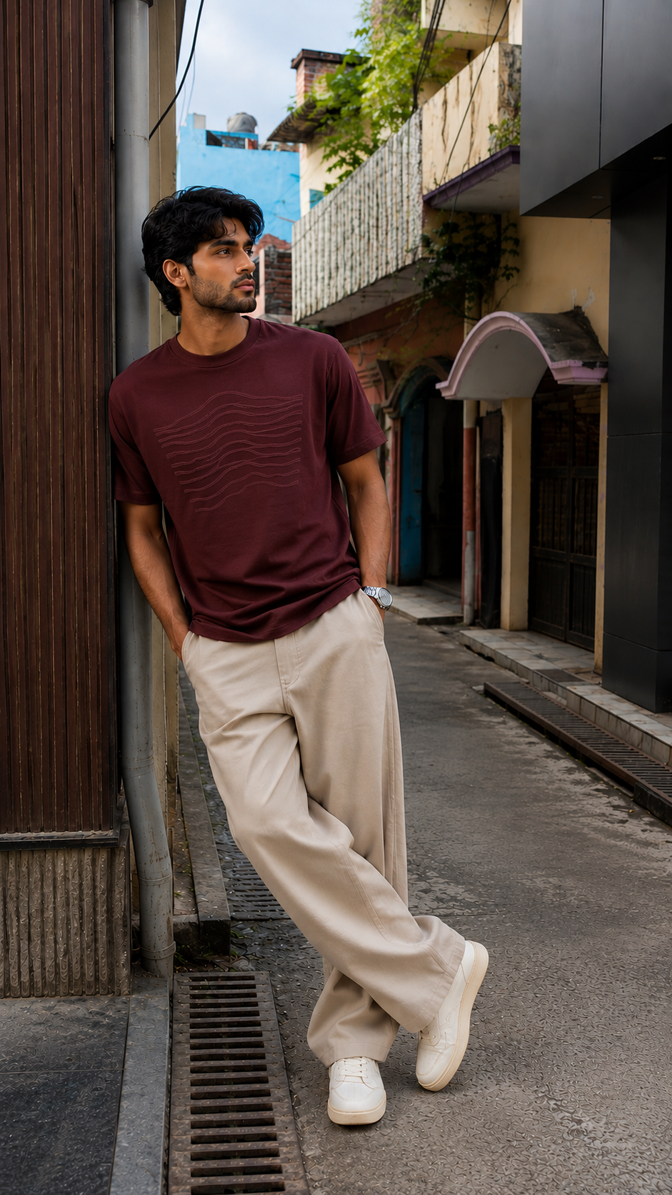 Men's Premium Maroon Textured Graphic Crew Neck T-Shirt