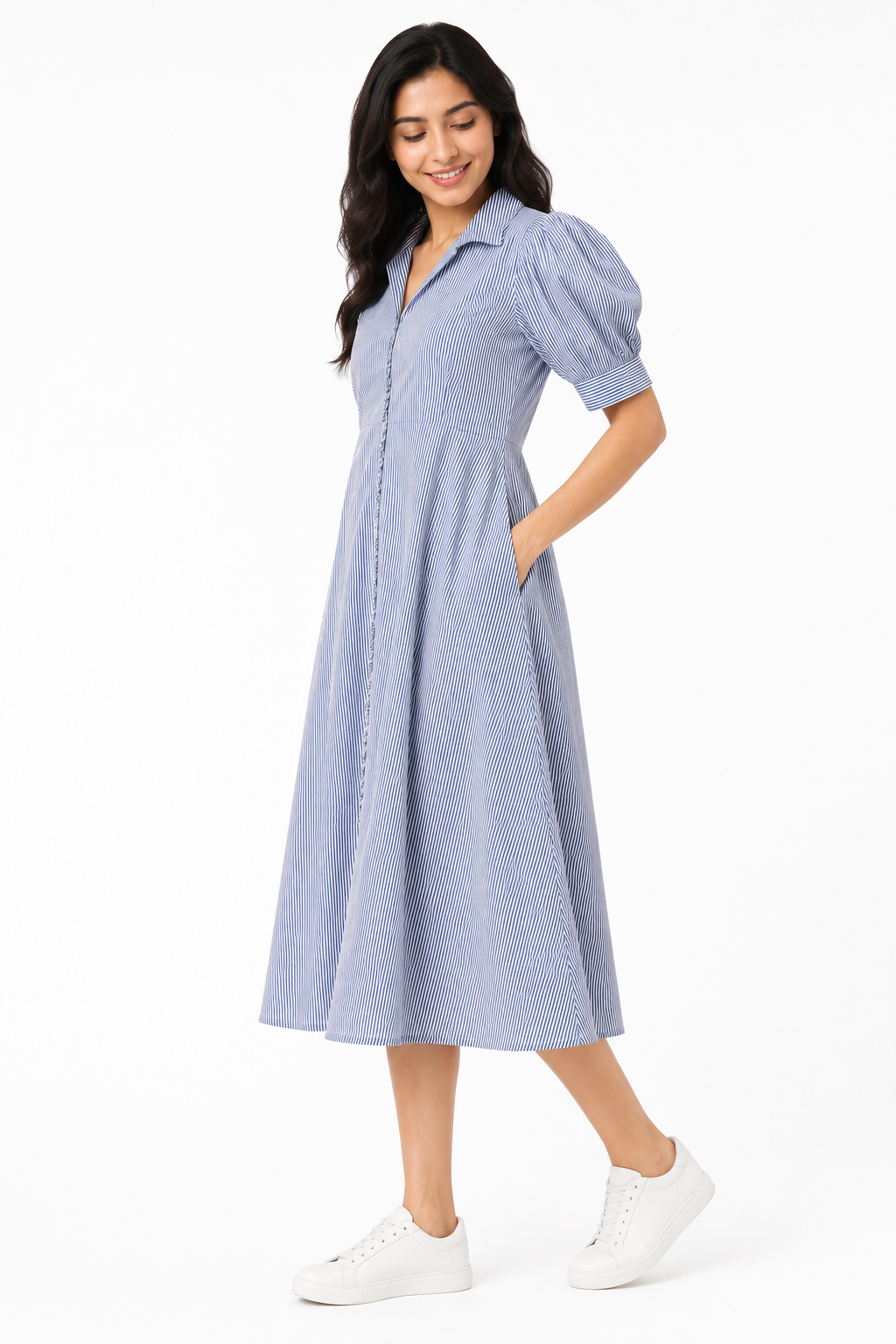 women's Navy Blue & White Striped Puff Sleeve Shirt Midi Dress