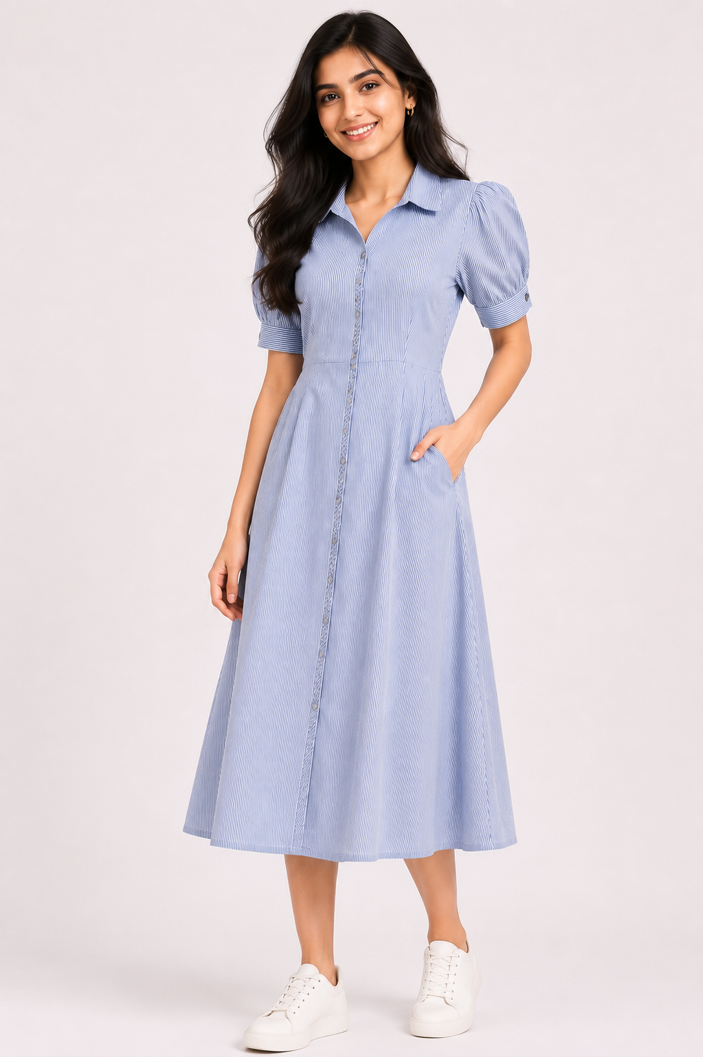 women's Navy Blue & White Striped Puff Sleeve Shirt Midi Dress
