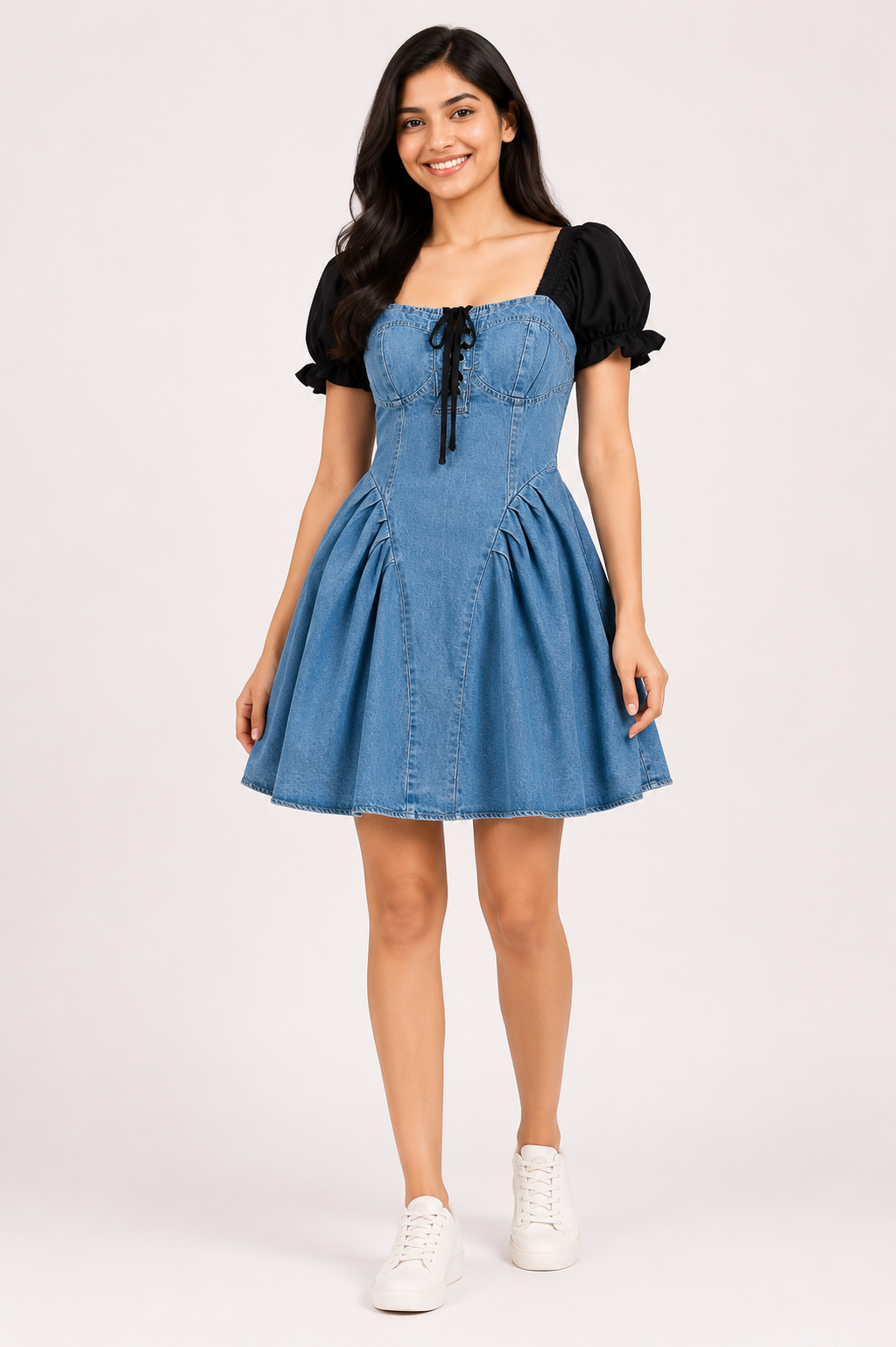 Wimen's Blue Denim Puff Sleeve Fit & Flare Mini Dress with Sweetheart Neck