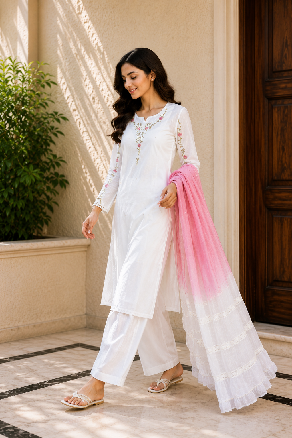 White Embroidered Suit Set with Pink Ombre Organza Dupatta