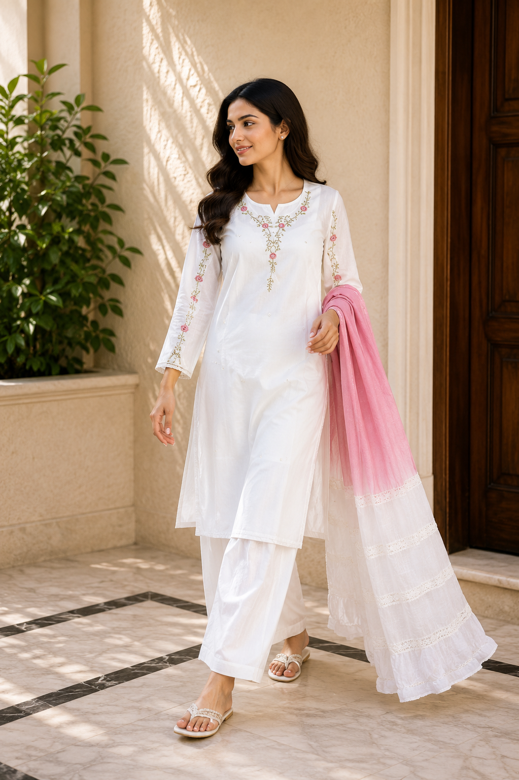 White Embroidered Suit Set with Pink Ombre Organza Dupatta