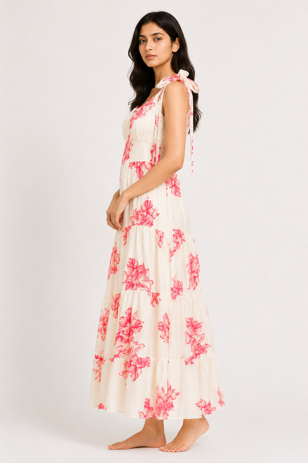 Women's White Floral Tie-Shoulder Maxi Dress