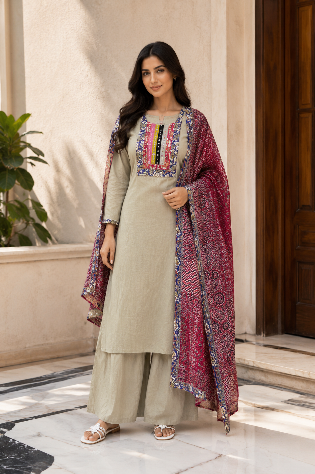 Sage Green Embroidered Suit Set with Printed Dupatta