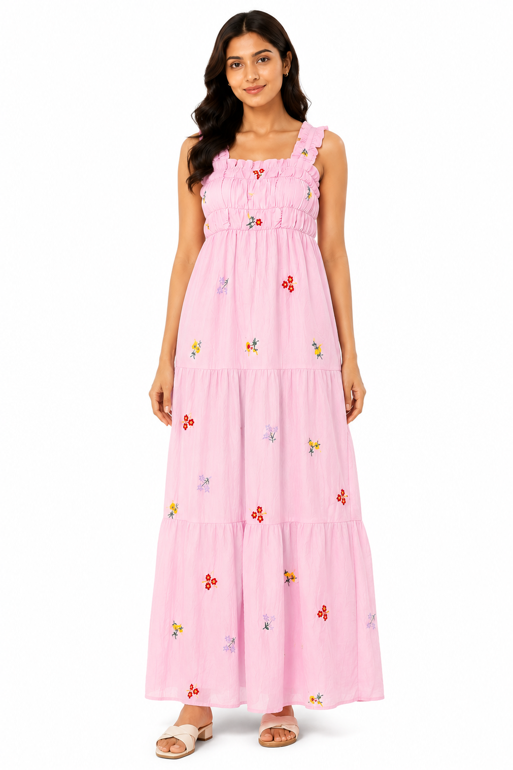 Pink Smoked Embroidered Dress