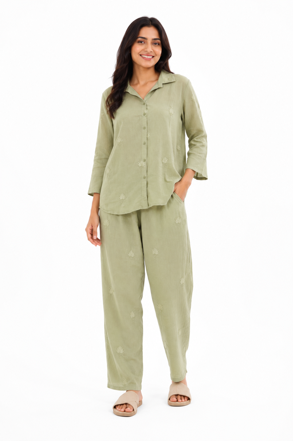 Women's Sage Green Embroidered Shirt & Pant Co-Ord Set