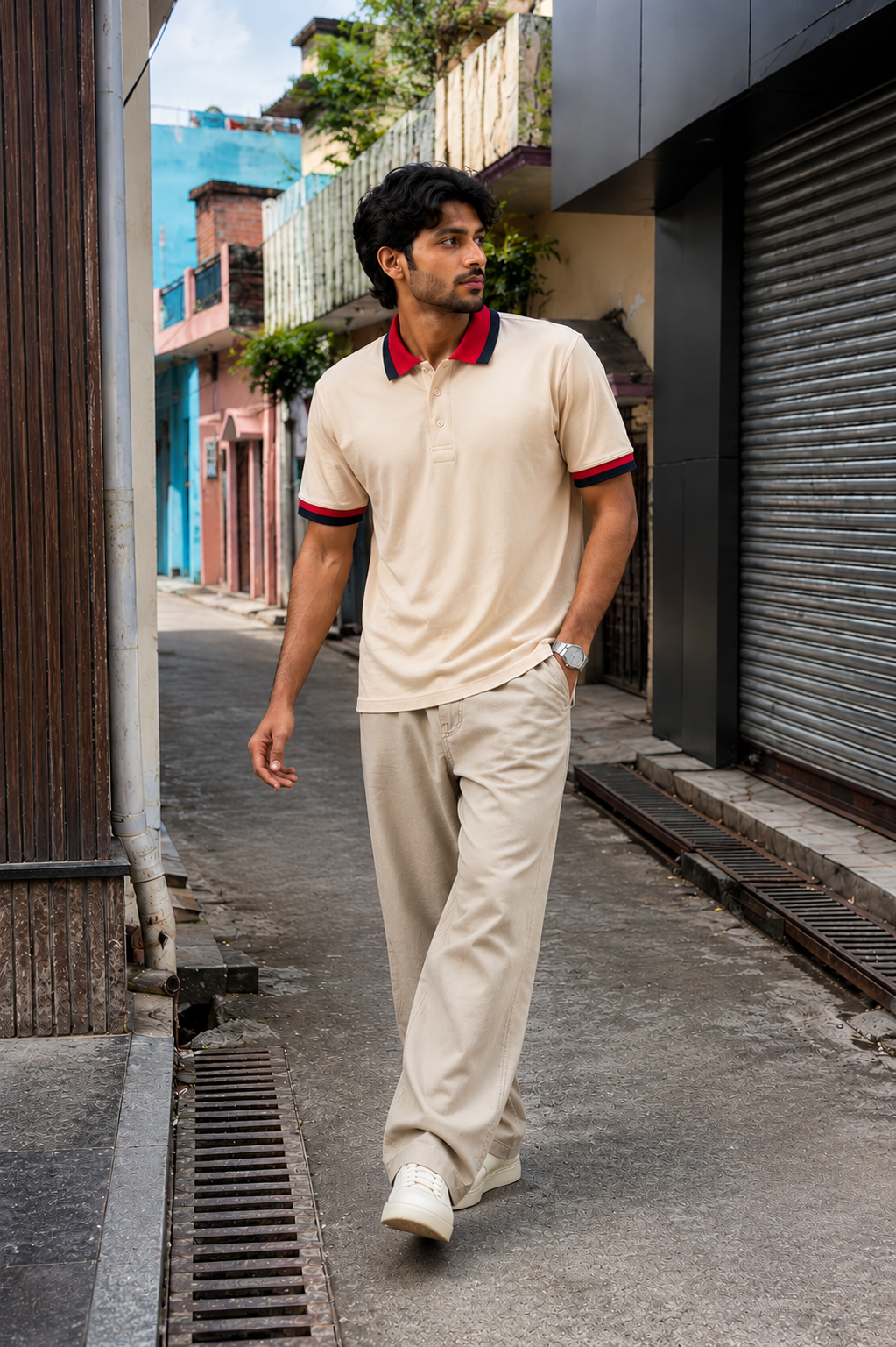 Men's Premium Off-White Contrast Collar  T-Shirt
