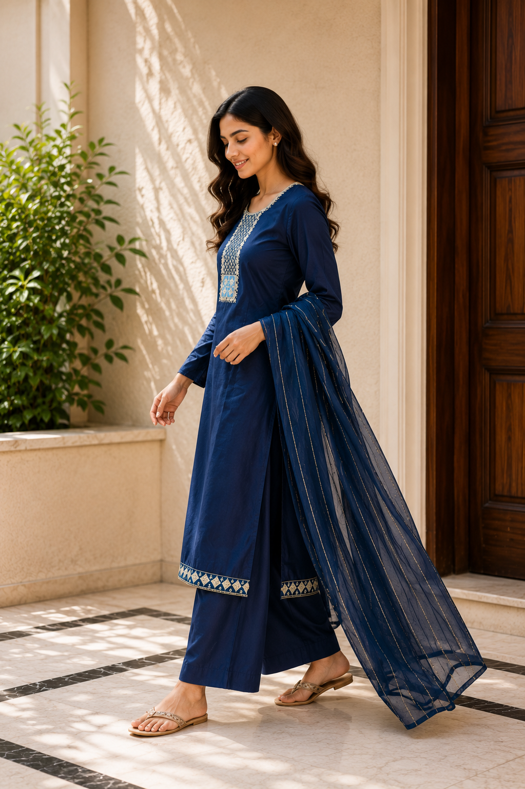 Navy Blue Embroidered Suit Set with Organza Dupatta