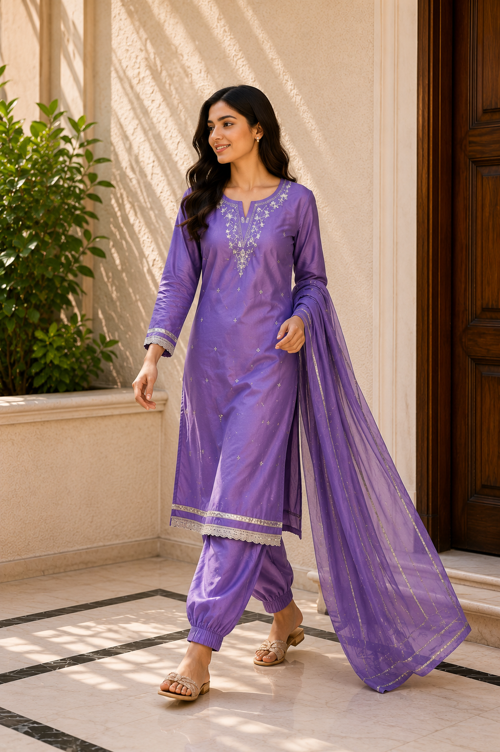 Lavender Embroidered Suit Set with Organza Dupatta