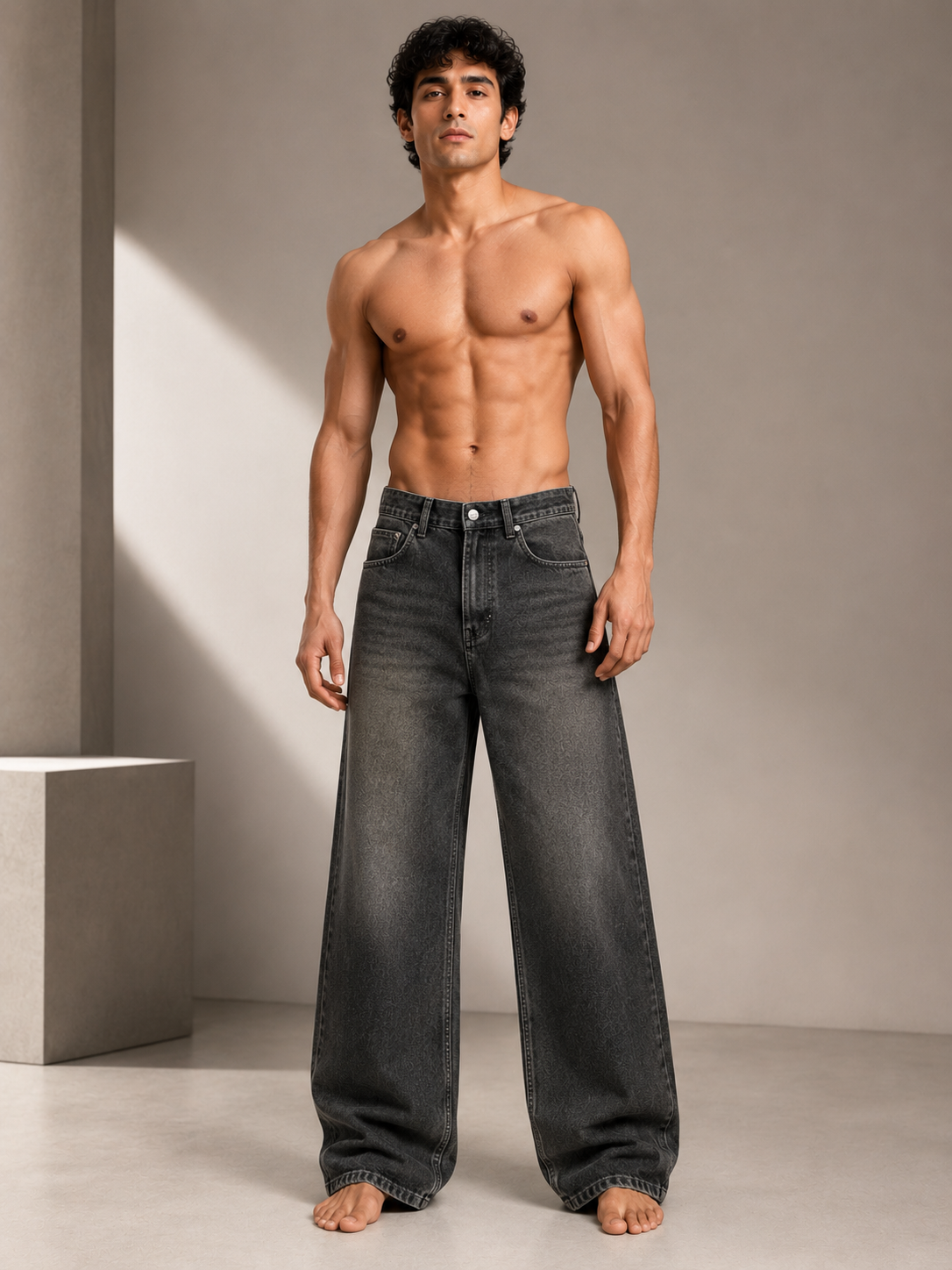 Men's Premium Washed Black Wide Leg Denim Jeans