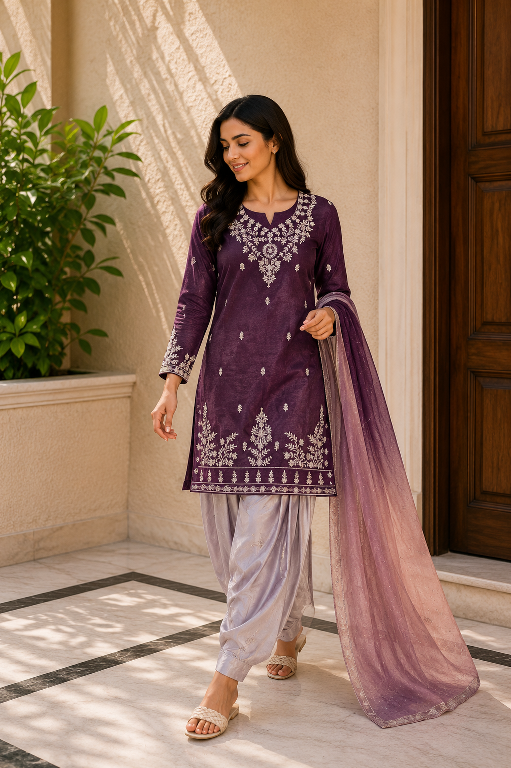 Purple Embroidered Suit Set with Ombre Organza Dupatta