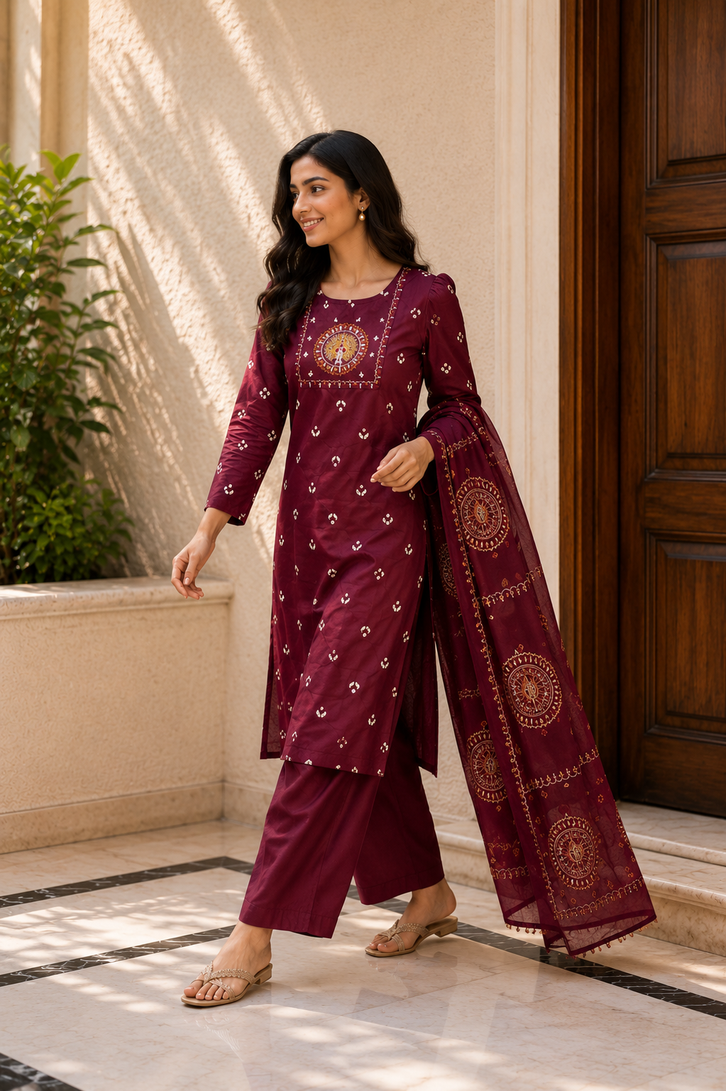 Wine Embroidered Suit Set with Printed Dupatta
