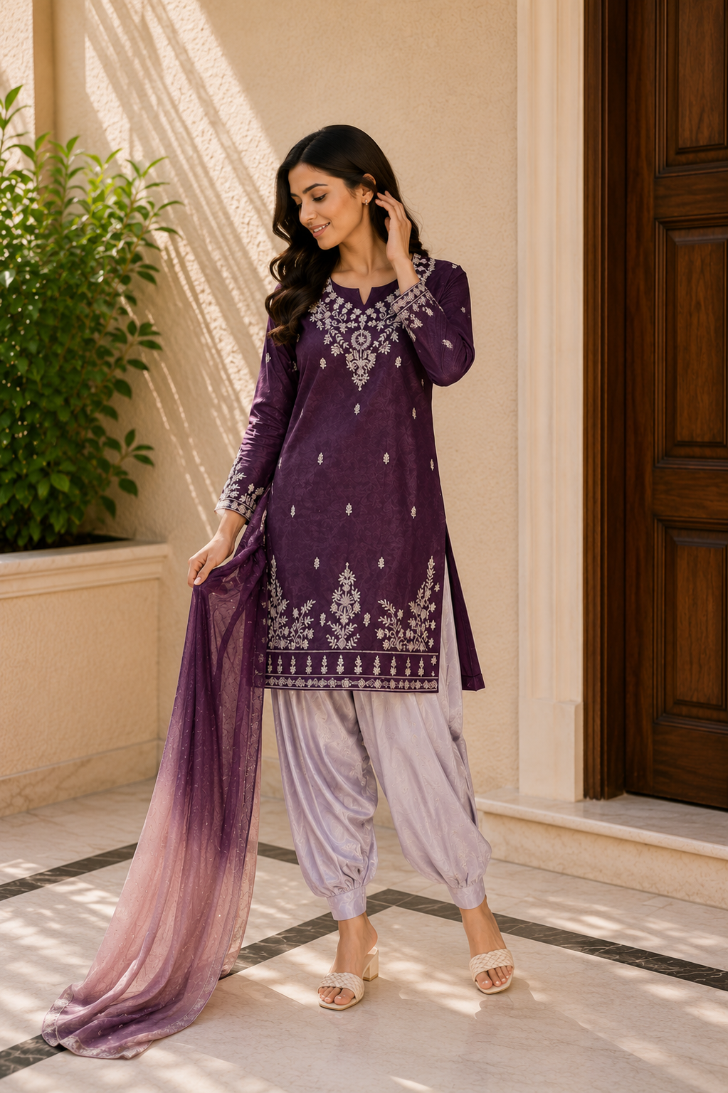Purple Embroidered Suit Set with Ombre Organza Dupatta