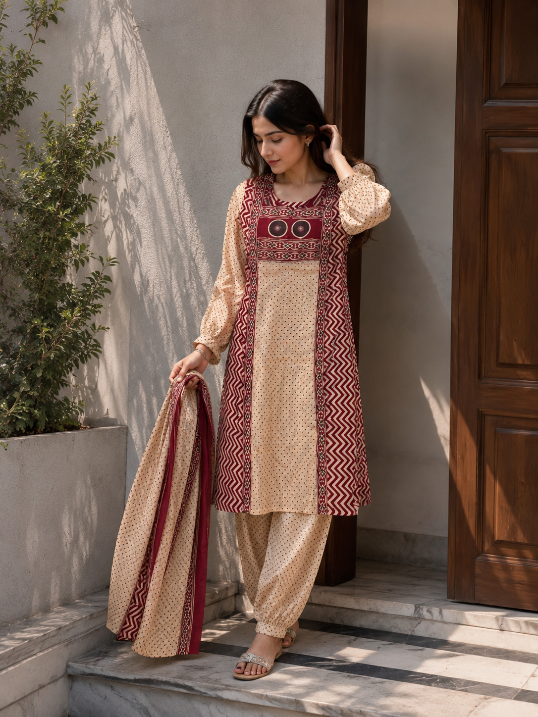 Beige & Maroon Printed Suit Set with Dupatta
